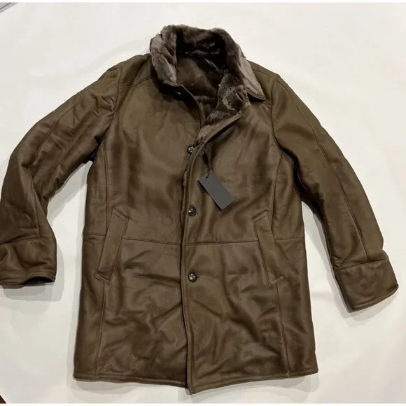$2495 Gallotti Mens Brown Leather Shearling Fur-Lined Jacket Coat-Eu 54 US 44 - Picture 5 of 10